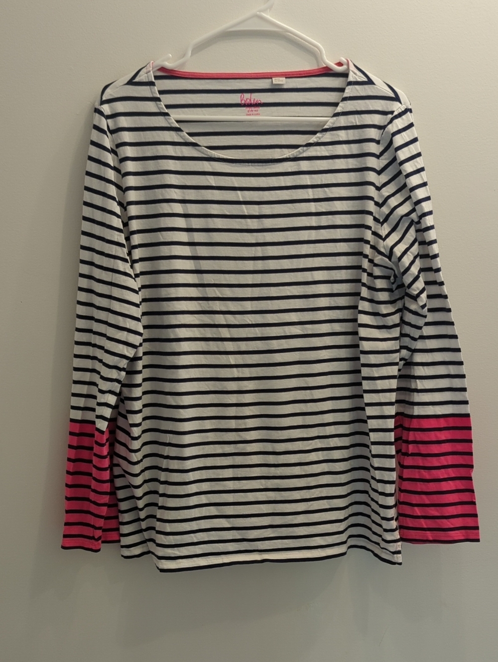 Boden White and Navy Striped Long-Sleeve Tee with Pink Cuffs, Women's US 20/22